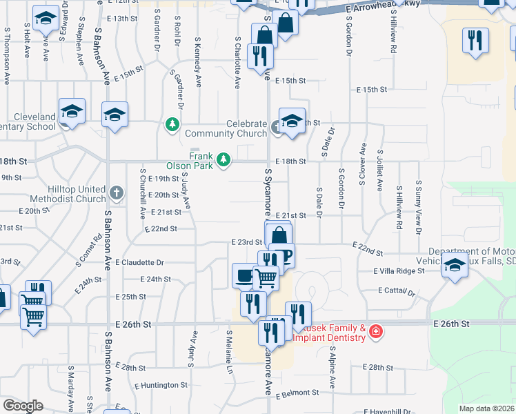 map of restaurants, bars, coffee shops, grocery stores, and more near 4301-4499 E 20th St in Sioux Falls