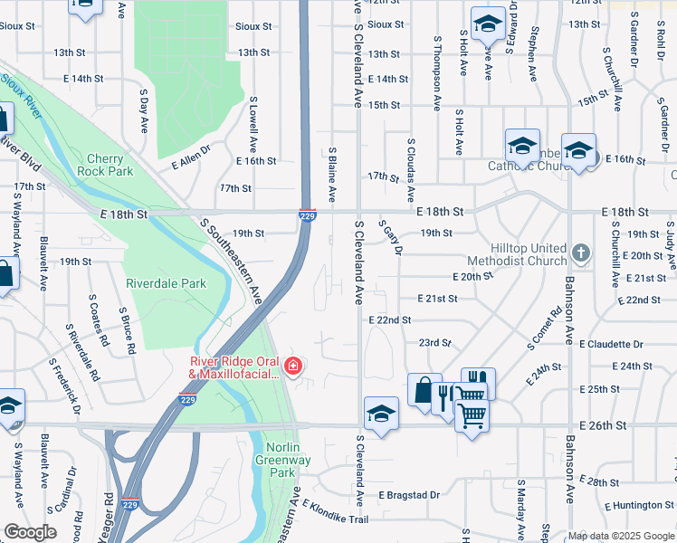 map of restaurants, bars, coffee shops, grocery stores, and more near 1209 South Majestic View Place in Sioux Falls
