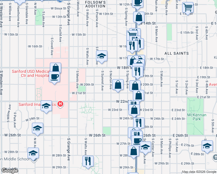 map of restaurants, bars, coffee shops, grocery stores, and more near 1207 South Norton Avenue in Sioux Falls