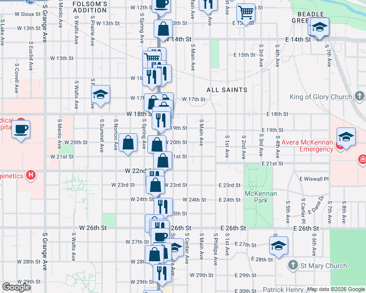 map of restaurants, bars, coffee shops, grocery stores, and more near 1211 South Center Avenue in Sioux Falls