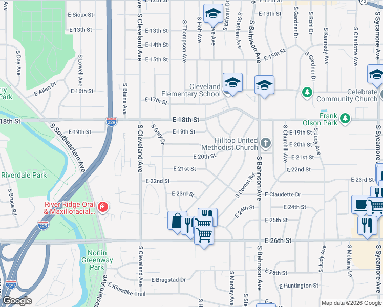 map of restaurants, bars, coffee shops, grocery stores, and more near 3100 East 20th Street in Sioux Falls