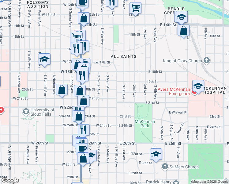 map of restaurants, bars, coffee shops, grocery stores, and more near 1207 South Phillips Avenue in Sioux Falls
