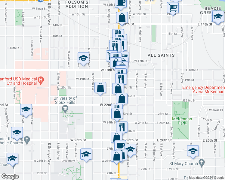 map of restaurants, bars, coffee shops, grocery stores, and more near 1204 South Spring Avenue in Sioux Falls