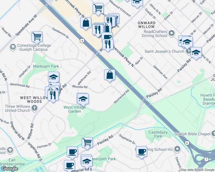 map of restaurants, bars, coffee shops, grocery stores, and more near 53 Rhonda Road in Guelph