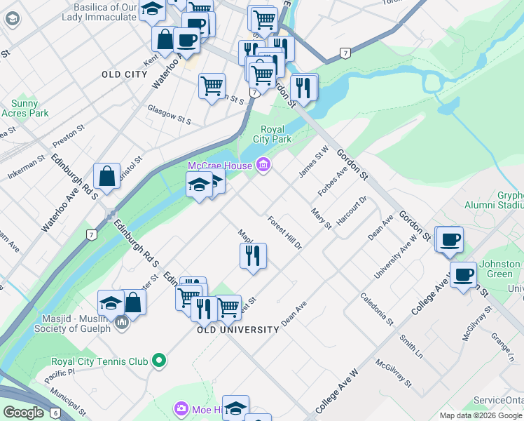 map of restaurants, bars, coffee shops, grocery stores, and more near 30 Forest Hill Drive in Guelph