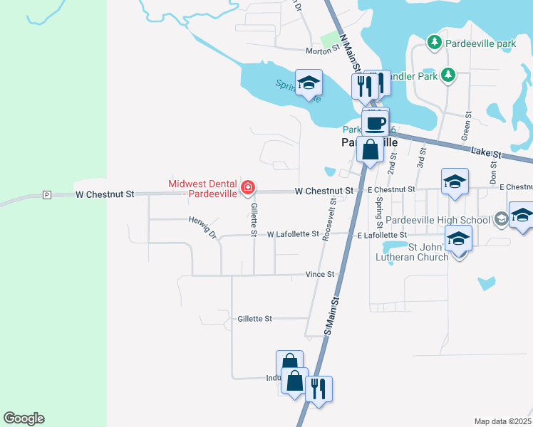 map of restaurants, bars, coffee shops, grocery stores, and more near 106 Gillette Street in Pardeeville
