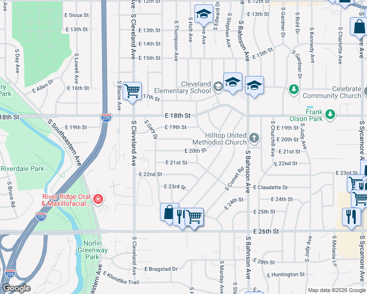 map of restaurants, bars, coffee shops, grocery stores, and more near 3100 East 20th Street in Sioux Falls