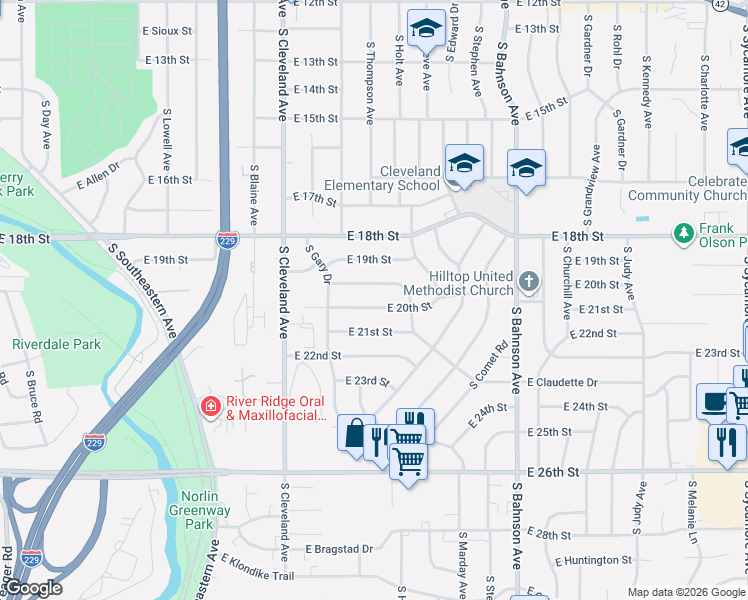 map of restaurants, bars, coffee shops, grocery stores, and more near 3100 East 20th Street in Sioux Falls