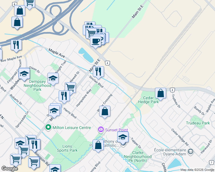 map of restaurants, bars, coffee shops, grocery stores, and more near 271 Featherstone Road in Milton
