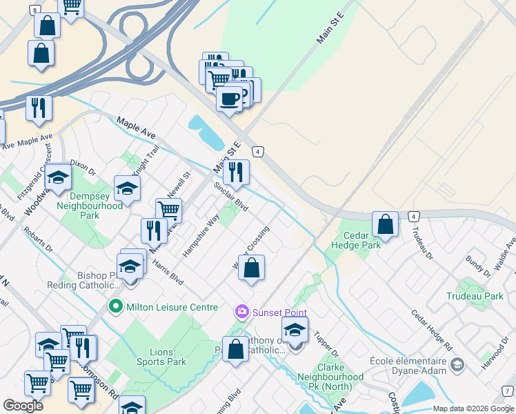 map of restaurants, bars, coffee shops, grocery stores, and more near 271 Featherstone Road in Milton