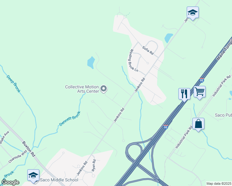 map of restaurants, bars, coffee shops, grocery stores, and more near 3 Jacqueline Drive in Saco
