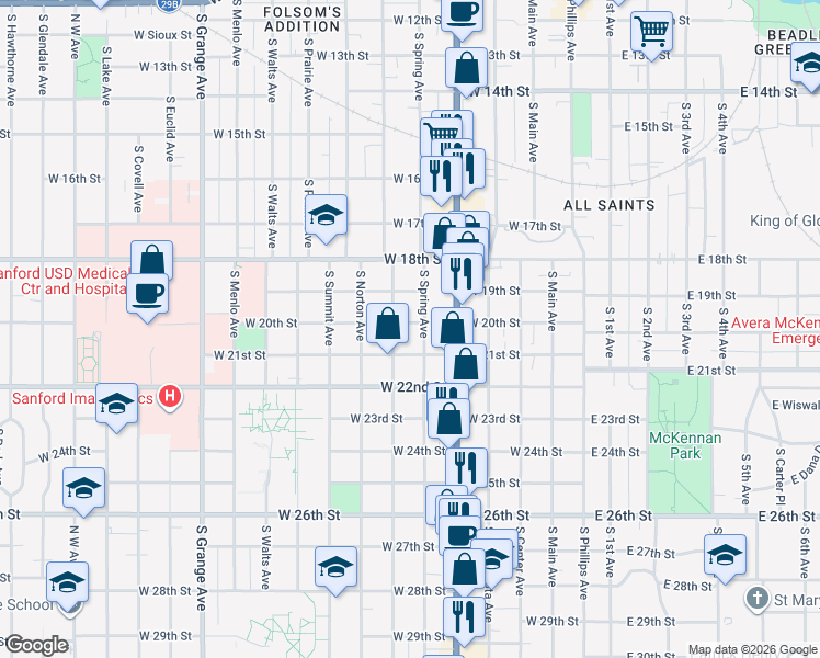 map of restaurants, bars, coffee shops, grocery stores, and more near 1212 South Duluth Avenue in Sioux Falls