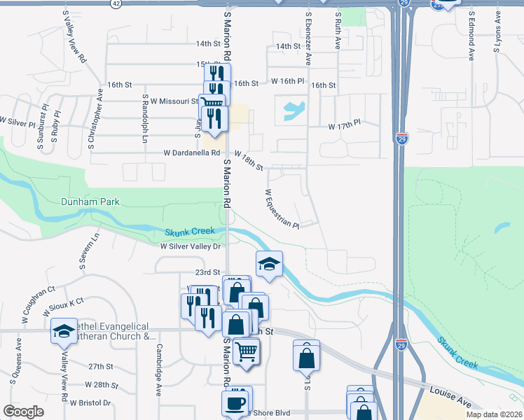 map of restaurants, bars, coffee shops, grocery stores, and more near 5007 West Equestrian Place in Sioux Falls