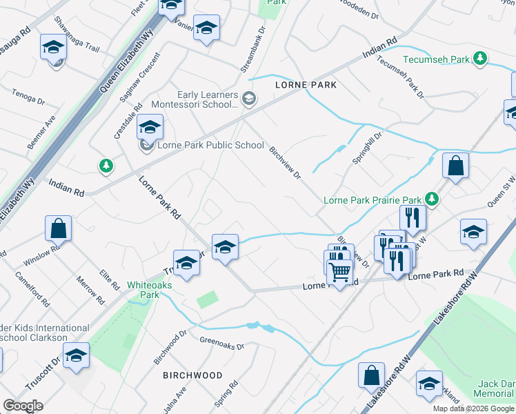 map of restaurants, bars, coffee shops, grocery stores, and more near 1347 Queen Victoria Avenue in Mississauga