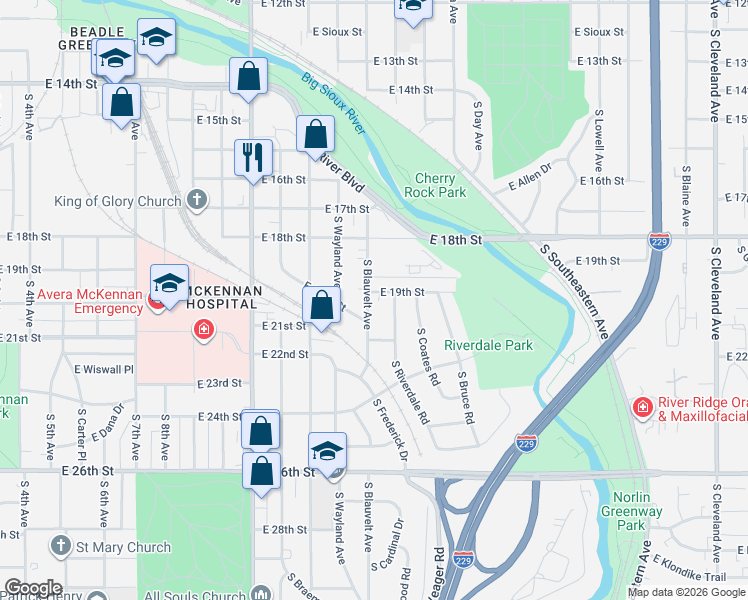 map of restaurants, bars, coffee shops, grocery stores, and more near 1315 South Blauvelt Avenue in Sioux Falls