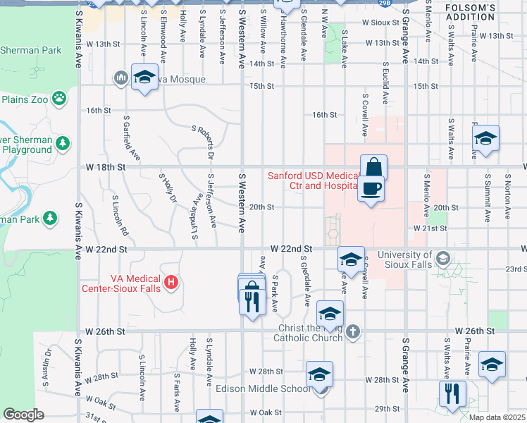 map of restaurants, bars, coffee shops, grocery stores, and more near 1218 South Willow Avenue in Sioux Falls