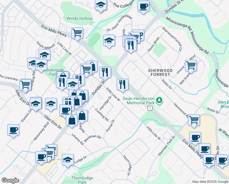 map of restaurants, bars, coffee shops, grocery stores, and more near 2613 Fifth Line West in Mississauga