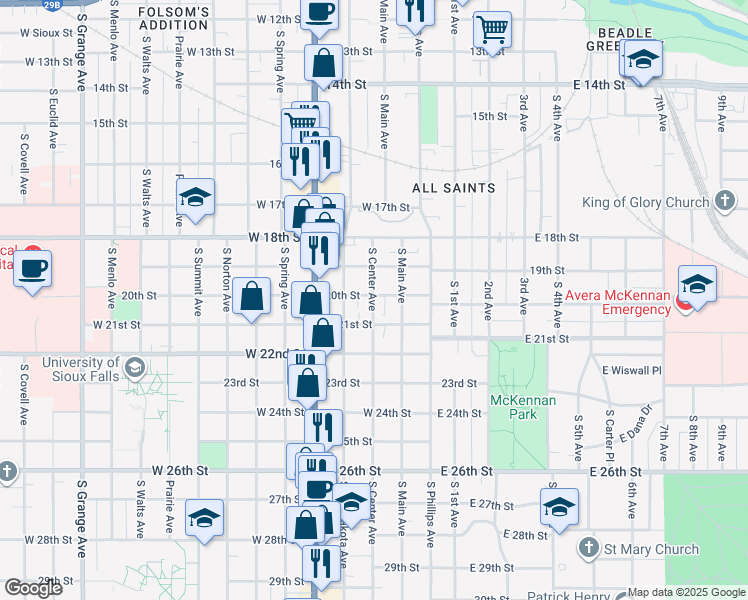 map of restaurants, bars, coffee shops, grocery stores, and more near 1216 South Center Avenue in Sioux Falls