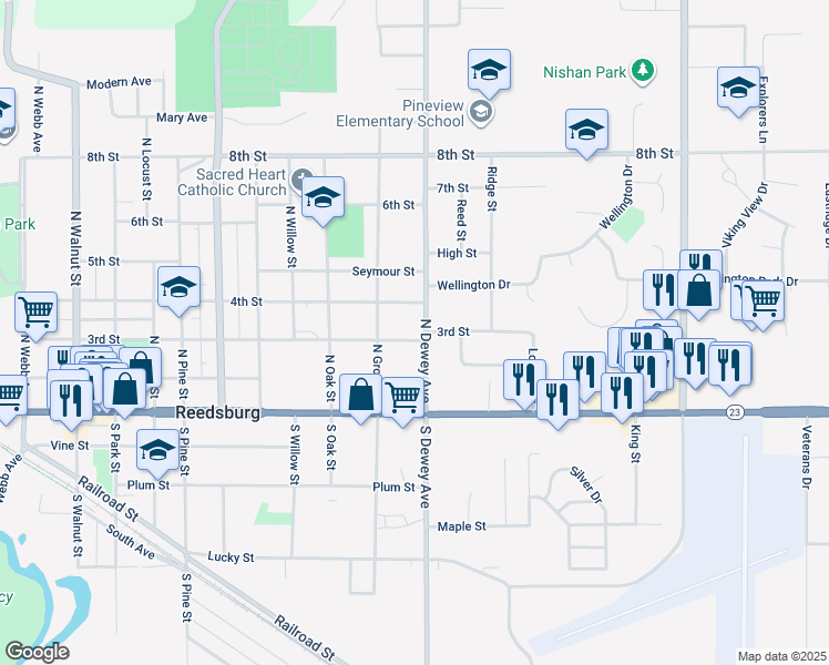 map of restaurants, bars, coffee shops, grocery stores, and more near 1045 3rd Street in Reedsburg