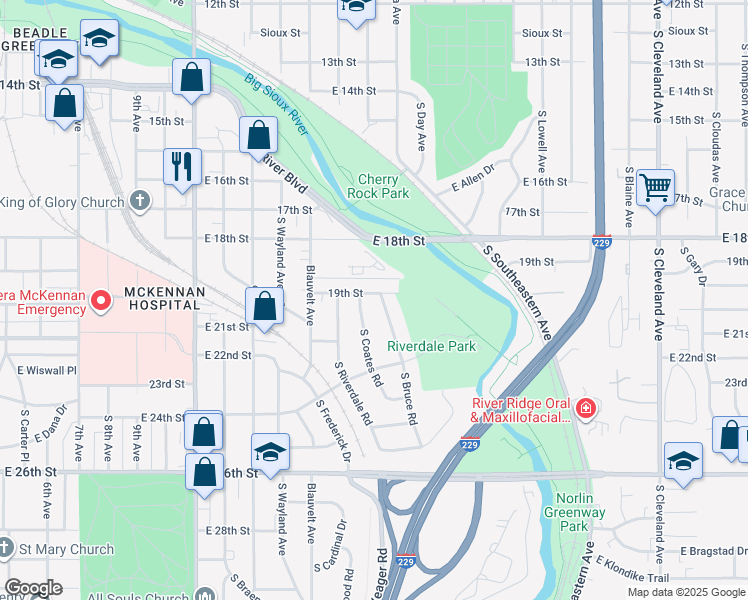 map of restaurants, bars, coffee shops, grocery stores, and more near 1301 South Bruce Road in Sioux Falls