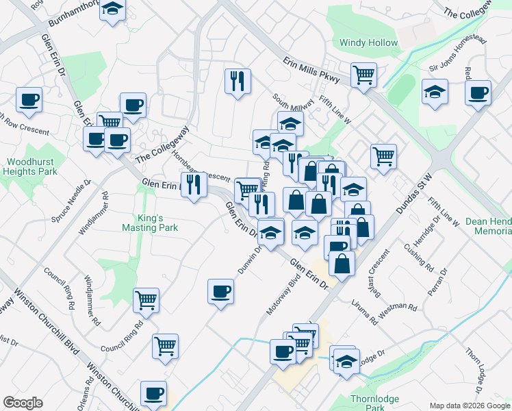 map of restaurants, bars, coffee shops, grocery stores, and more near 2322 Council Ring Road in Mississauga
