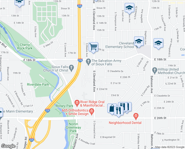 map of restaurants, bars, coffee shops, grocery stores, and more near 1217 South Cleveland Avenue in Sioux Falls