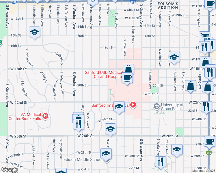 map of restaurants, bars, coffee shops, grocery stores, and more near 1213 South West Avenue in Sioux Falls