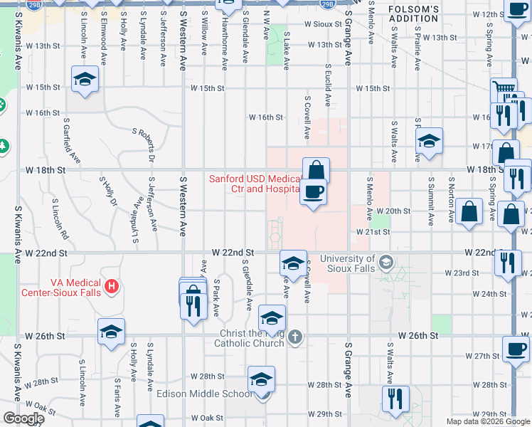 map of restaurants, bars, coffee shops, grocery stores, and more near 1210 South Glendale Avenue in Sioux Falls