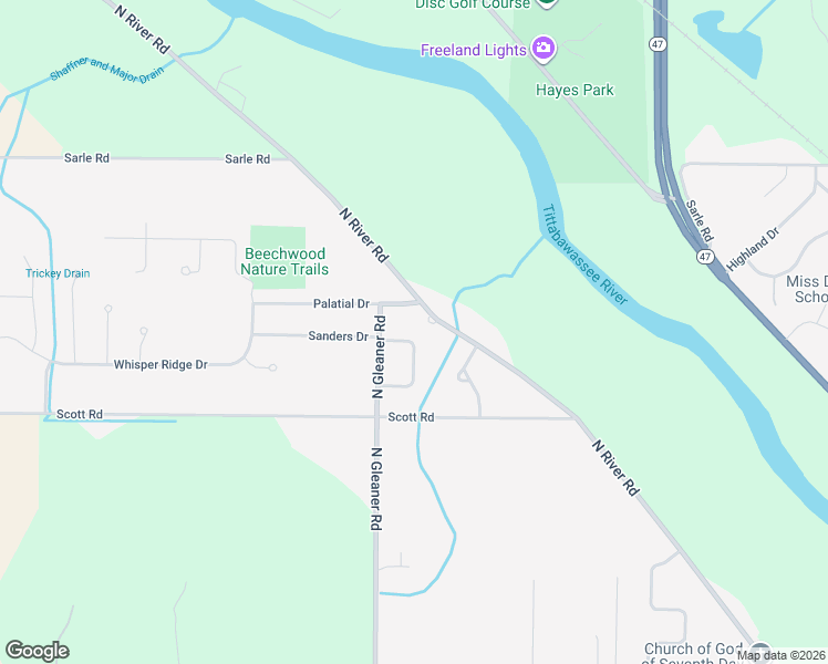 map of restaurants, bars, coffee shops, grocery stores, and more near 11940 Sanders Drive in Tittabawassee Township