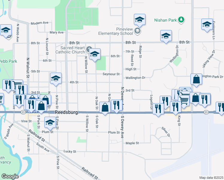 map of restaurants, bars, coffee shops, grocery stores, and more near 1038 3rd Street in Reedsburg