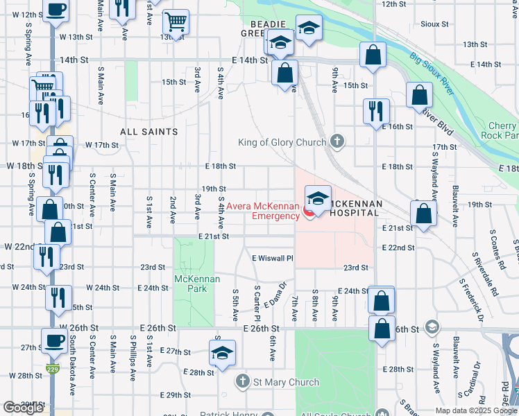 map of restaurants, bars, coffee shops, grocery stores, and more near 651-699 East 20th Street in Sioux Falls