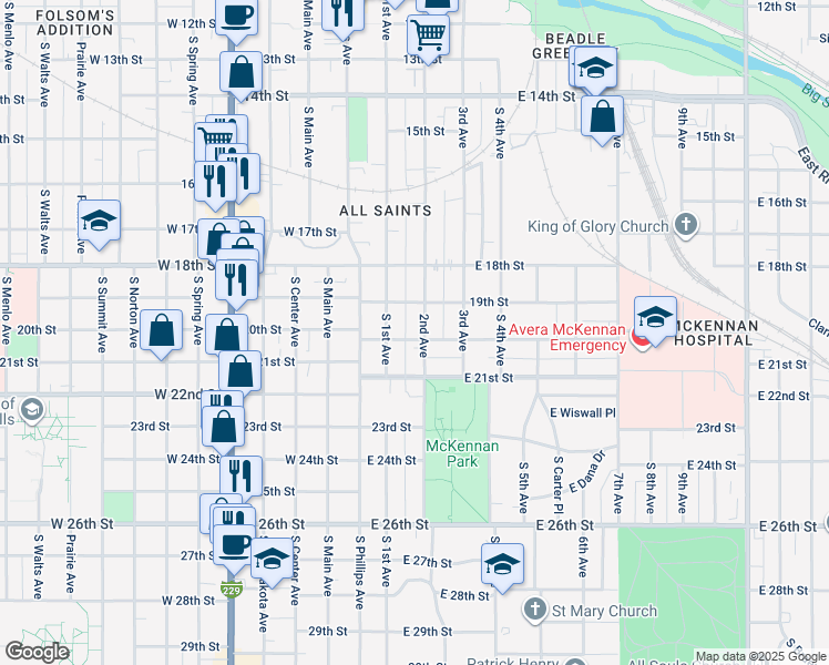 map of restaurants, bars, coffee shops, grocery stores, and more near 205 East 20th Street in Sioux Falls
