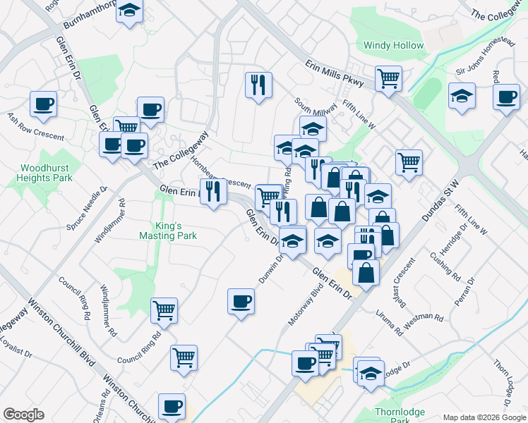 map of restaurants, bars, coffee shops, grocery stores, and more near 2335 Council Ring Road in Mississauga