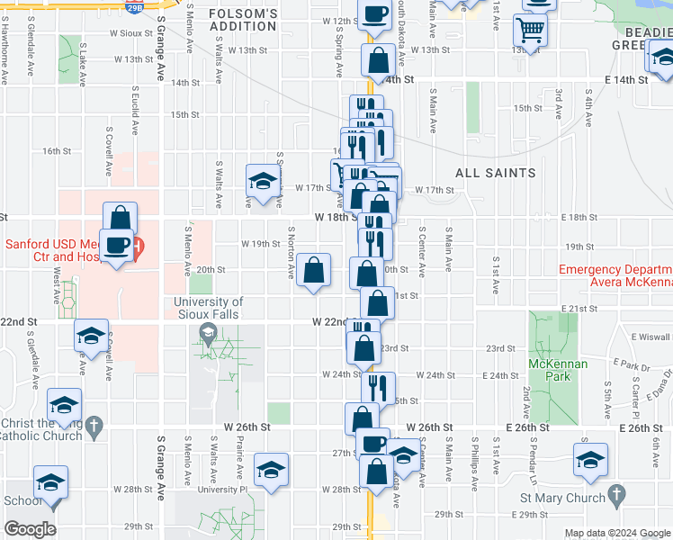 map of restaurants, bars, coffee shops, grocery stores, and more near 627 West 20th Street in Sioux Falls