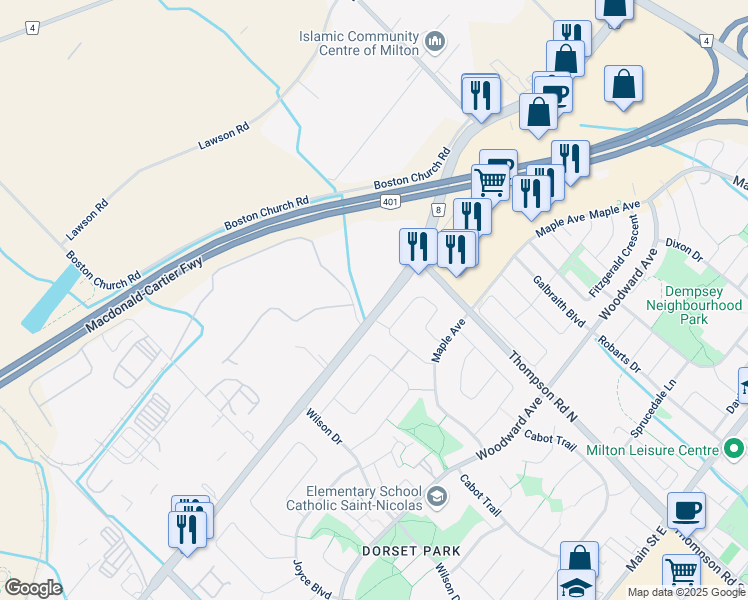 map of restaurants, bars, coffee shops, grocery stores, and more near 829 Cedarbrae Avenue in Milton