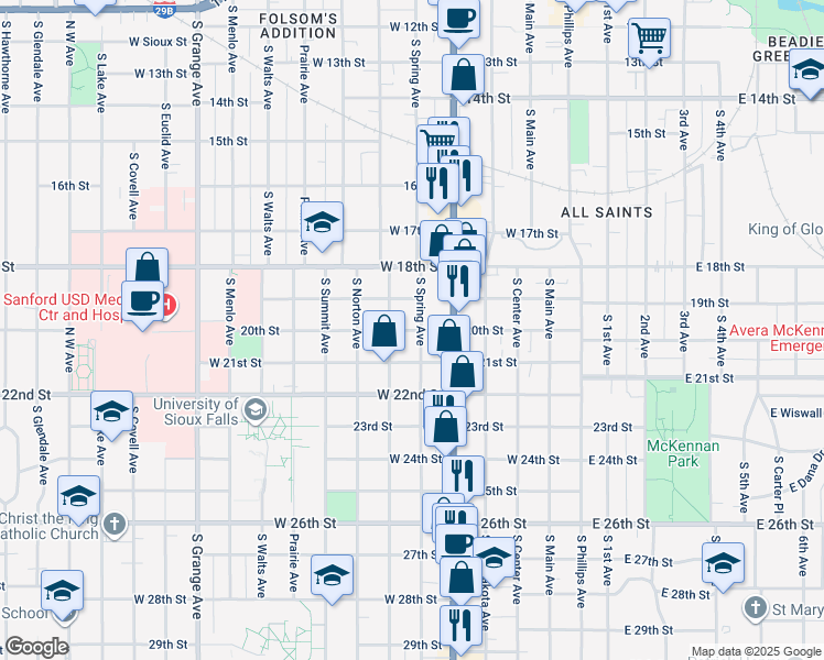map of restaurants, bars, coffee shops, grocery stores, and more near 628 West 20th Street in Sioux Falls