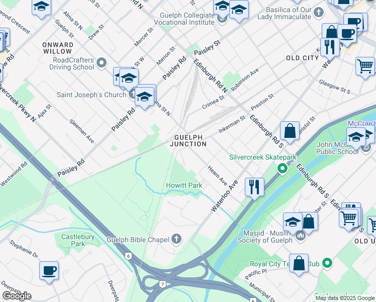 map of restaurants, bars, coffee shops, grocery stores, and more near in Guelph