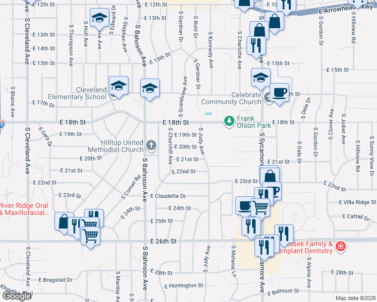 map of restaurants, bars, coffee shops, grocery stores, and more near 3916 East 21st Street in Sioux Falls