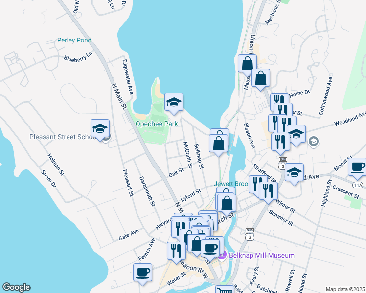 map of restaurants, bars, coffee shops, grocery stores, and more near 3 Chester Court in Laconia