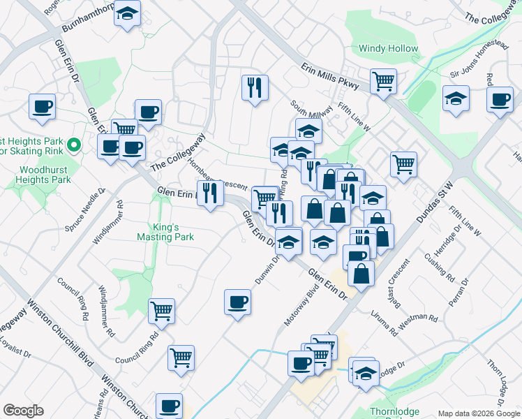 map of restaurants, bars, coffee shops, grocery stores, and more near 2335 Council Ring Road in Mississauga