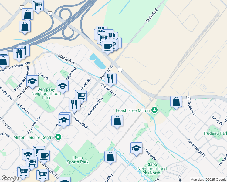 map of restaurants, bars, coffee shops, grocery stores, and more near 40 Sinclair Boulevard in Milton