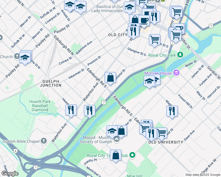 map of restaurants, bars, coffee shops, grocery stores, and more near 218 Bristol Street in Guelph