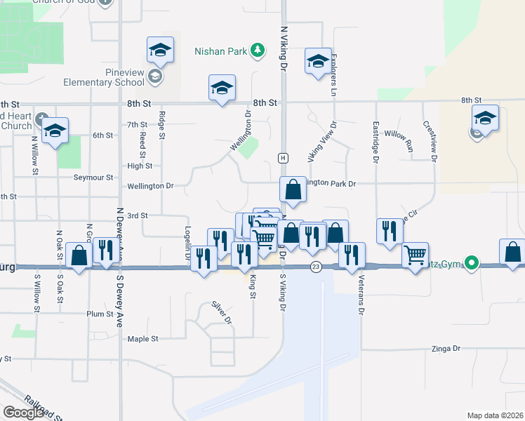 map of restaurants, bars, coffee shops, grocery stores, and more near 1410 Lancer Court in Reedsburg