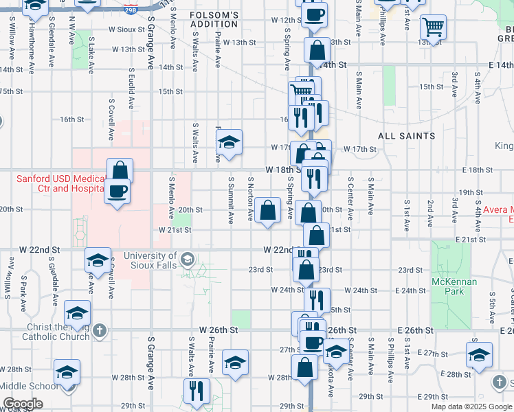 map of restaurants, bars, coffee shops, grocery stores, and more near 1207 South Norton Avenue in Sioux Falls