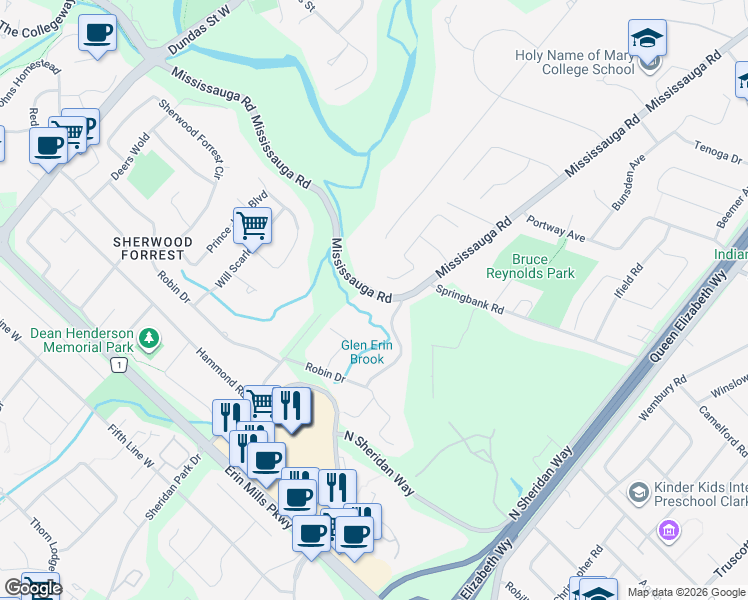 map of restaurants, bars, coffee shops, grocery stores, and more near 2225 Robin Drive in Mississauga