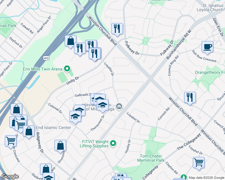map of restaurants, bars, coffee shops, grocery stores, and more near 3130 Galbraith Drive in Mississauga
