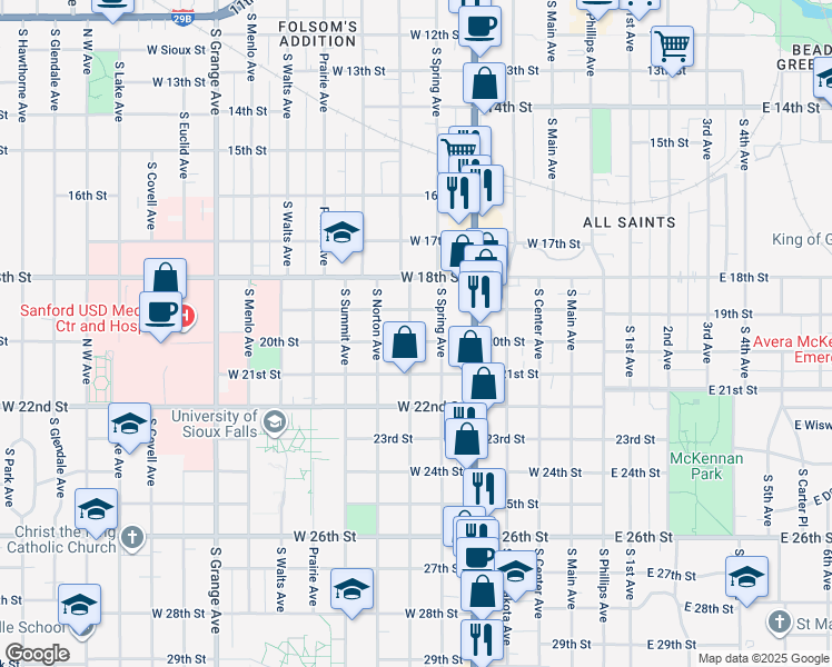map of restaurants, bars, coffee shops, grocery stores, and more near 628 West 20th Street in Sioux Falls