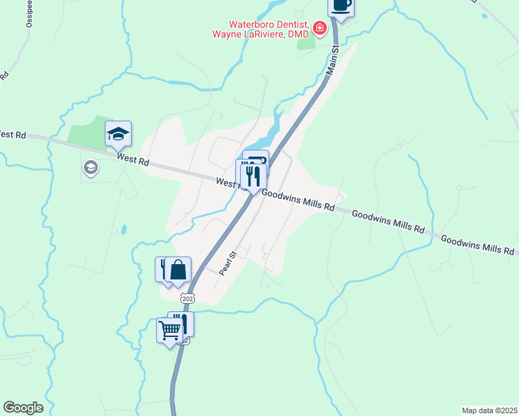 map of restaurants, bars, coffee shops, grocery stores, and more near 16 Pearl Street in Waterboro