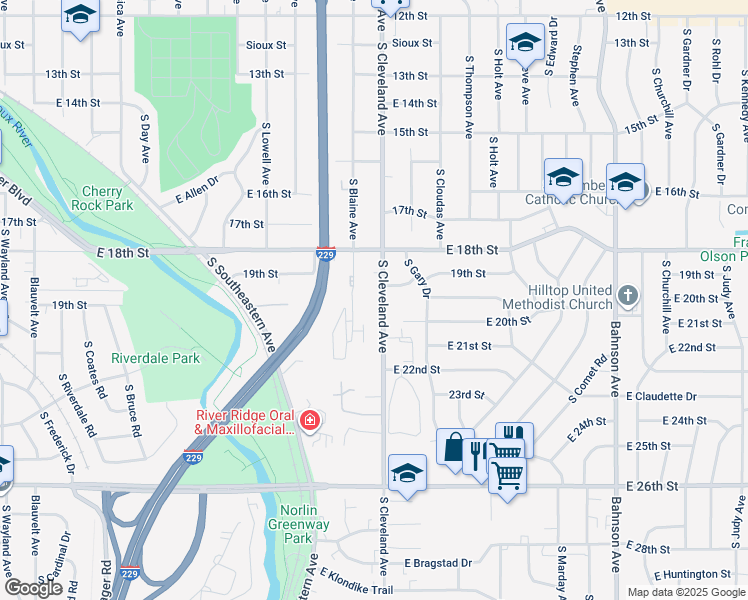 map of restaurants, bars, coffee shops, grocery stores, and more near 1217 South Cleveland Avenue in Sioux Falls