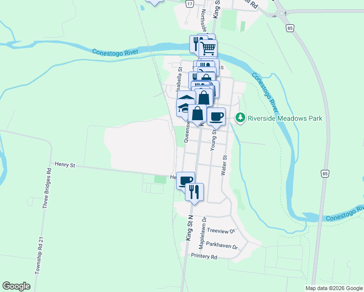 map of restaurants, bars, coffee shops, grocery stores, and more near 118 Queensway Drive in St. Jacobs